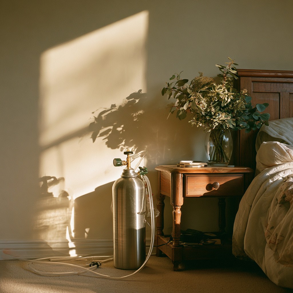 An oxygen cylinder and tubing beside a bedside table in a home bedroom, morning light on the wall.