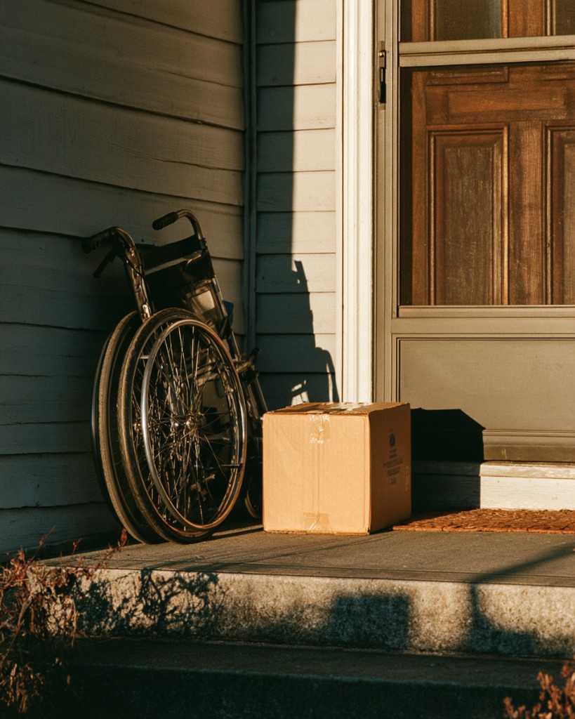 A folded wheelchair and a plain cardboard supply box on a house porch in late afternoon light.