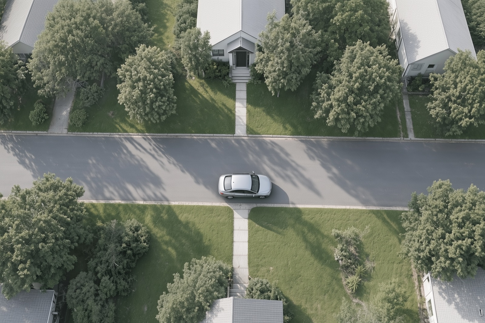 Looking down on a quiet tree-lined street, a car parked where the path from one front door meets the path to the house opposite.