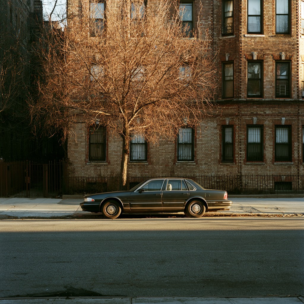 An unmarked dark sedan parked at the curb outside a brick apartment building, bare tree above it.