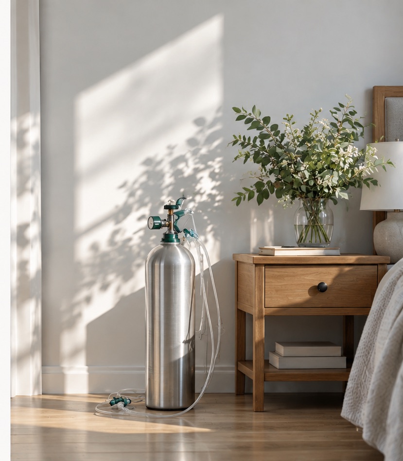 A home oxygen cylinder with coiled tubing standing beside a wooden bedside table with a vase of eucalyptus, leaf shadows on the wall.