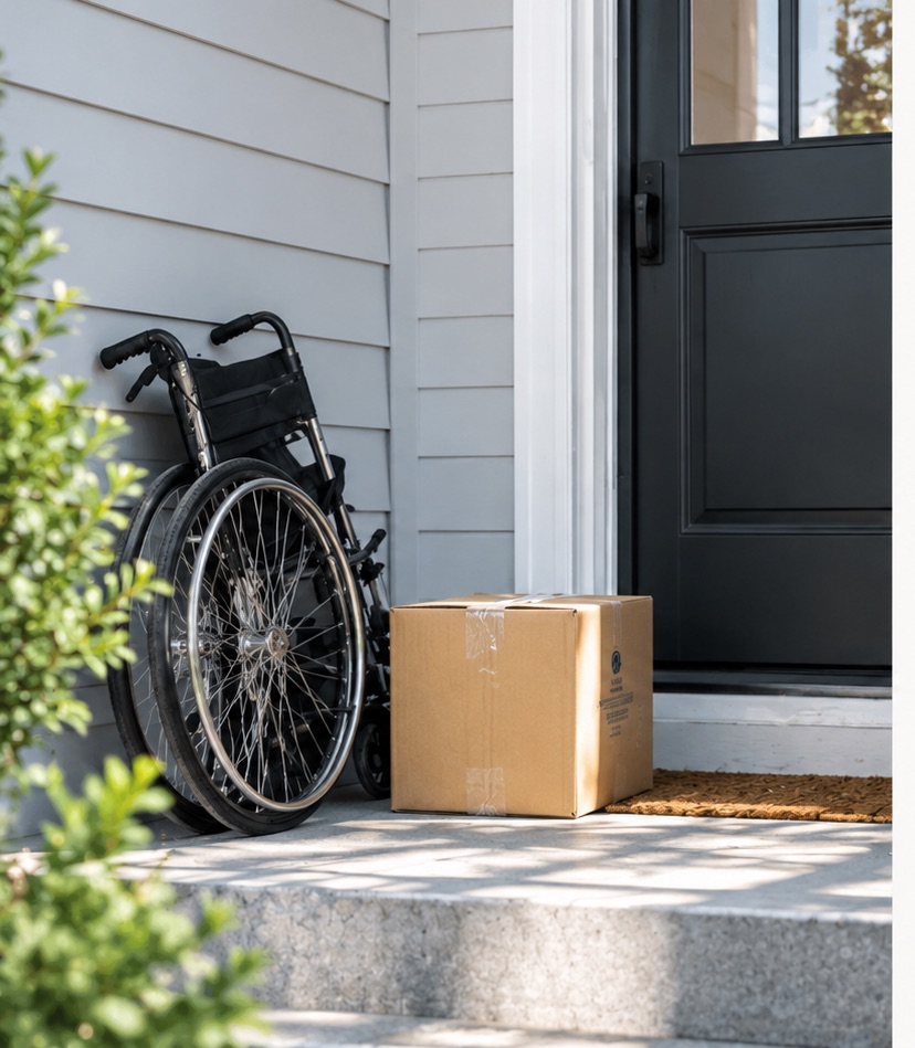 A folded wheelchair and a taped cardboard box on a front step beside a dark front door, in bright morning sun.