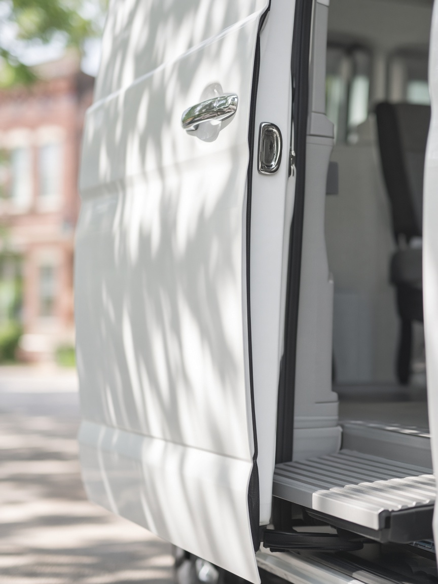 Close-up of a plain white van's sliding door, half open, on a tree-shaded small-town street.