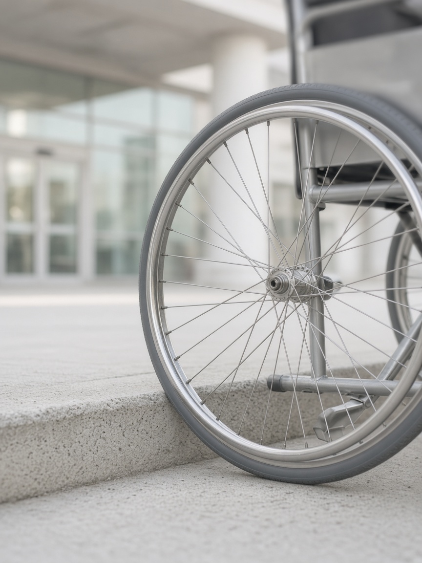 Close-up of an empty wheelchair's wheel at a concrete curb under a hospital canopy.