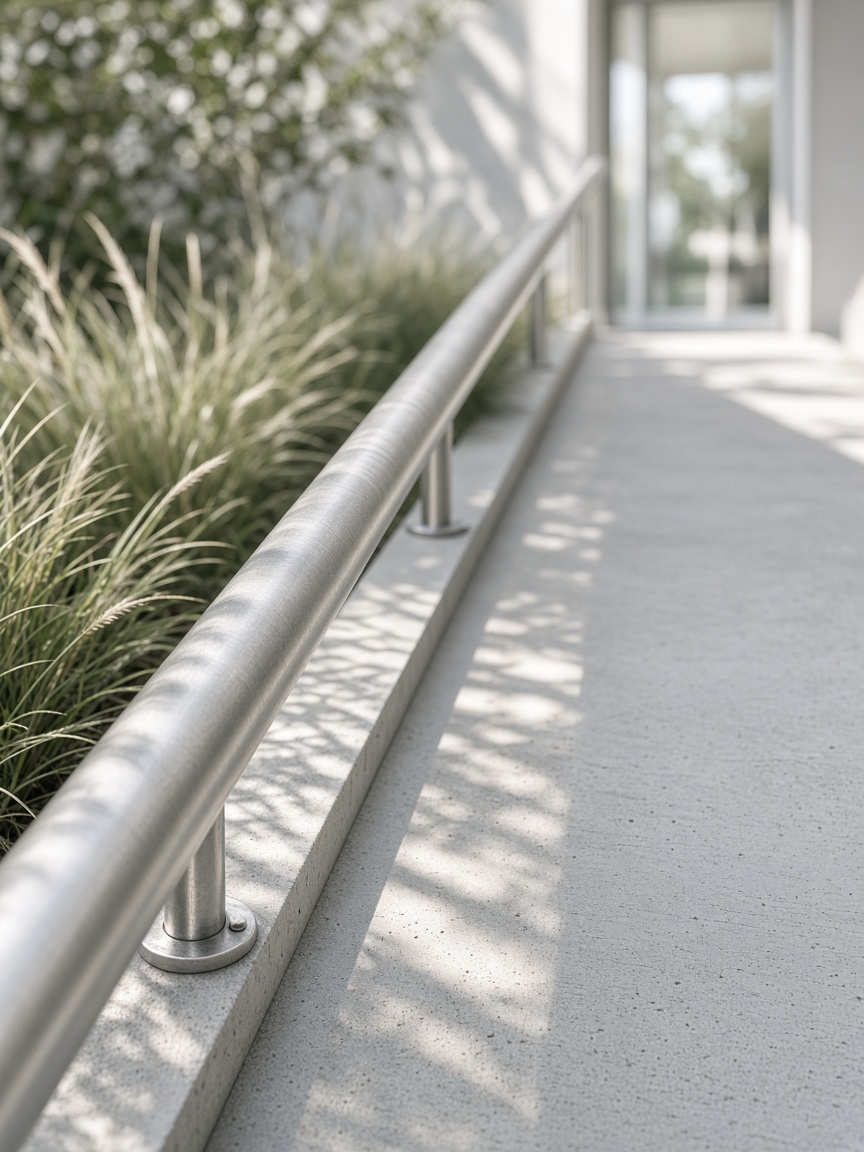 Close-up of a steel handrail running up a concrete ramp beside ornamental grasses, toward a care center's glass door.