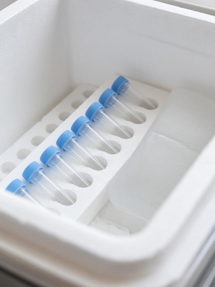 Close-up of capped sample tubes in foam inside an insulated cooler, a cold pack beside them.