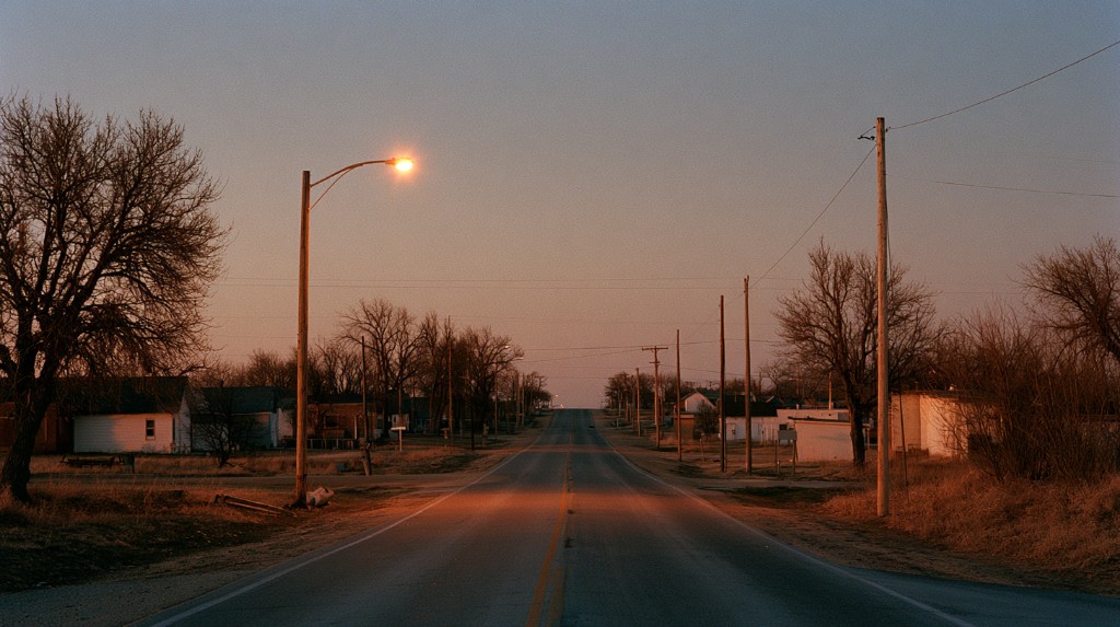 A two-lane road leaving a small town at dusk, a single streetlight coming on above empty asphalt.