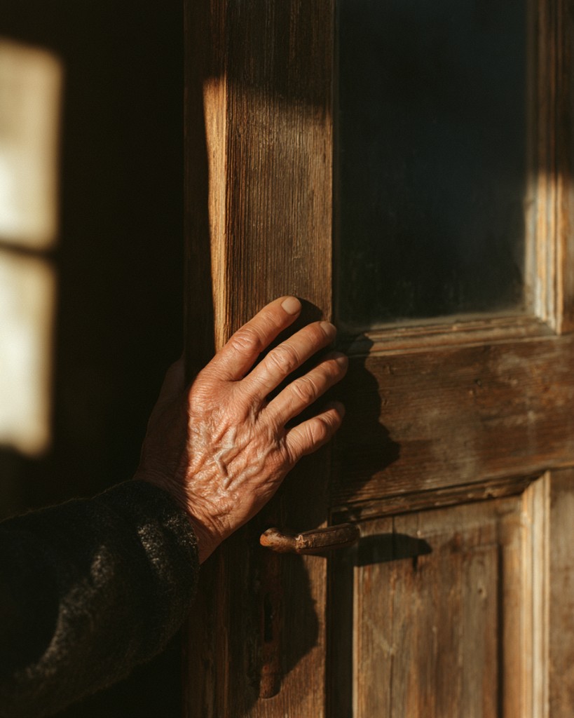 A weathered hand resting flat against a wooden front door, low sun across the grain.