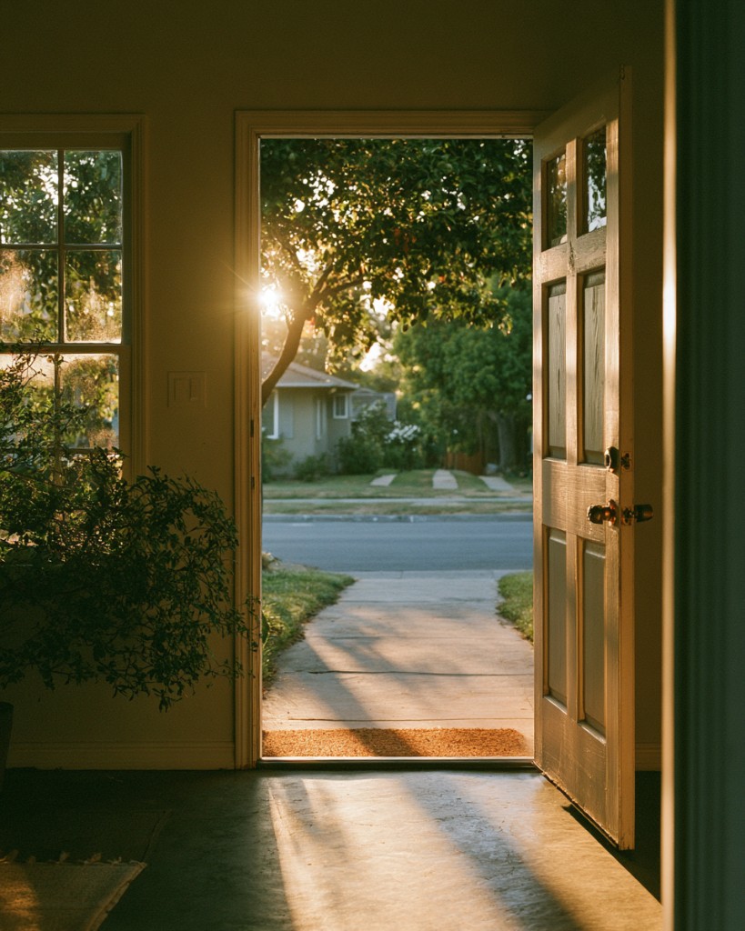 The open front door of a modest single-storey home, sunlight falling across the path to the street.